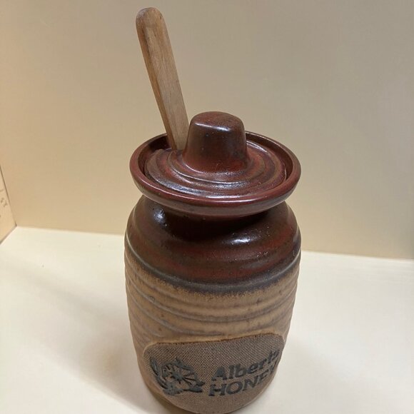 Hand Made Stoneware Ceramic Pottery Alberta Honey Pot Jar & Wooden Spoon + Lid - Picture 5 of 7